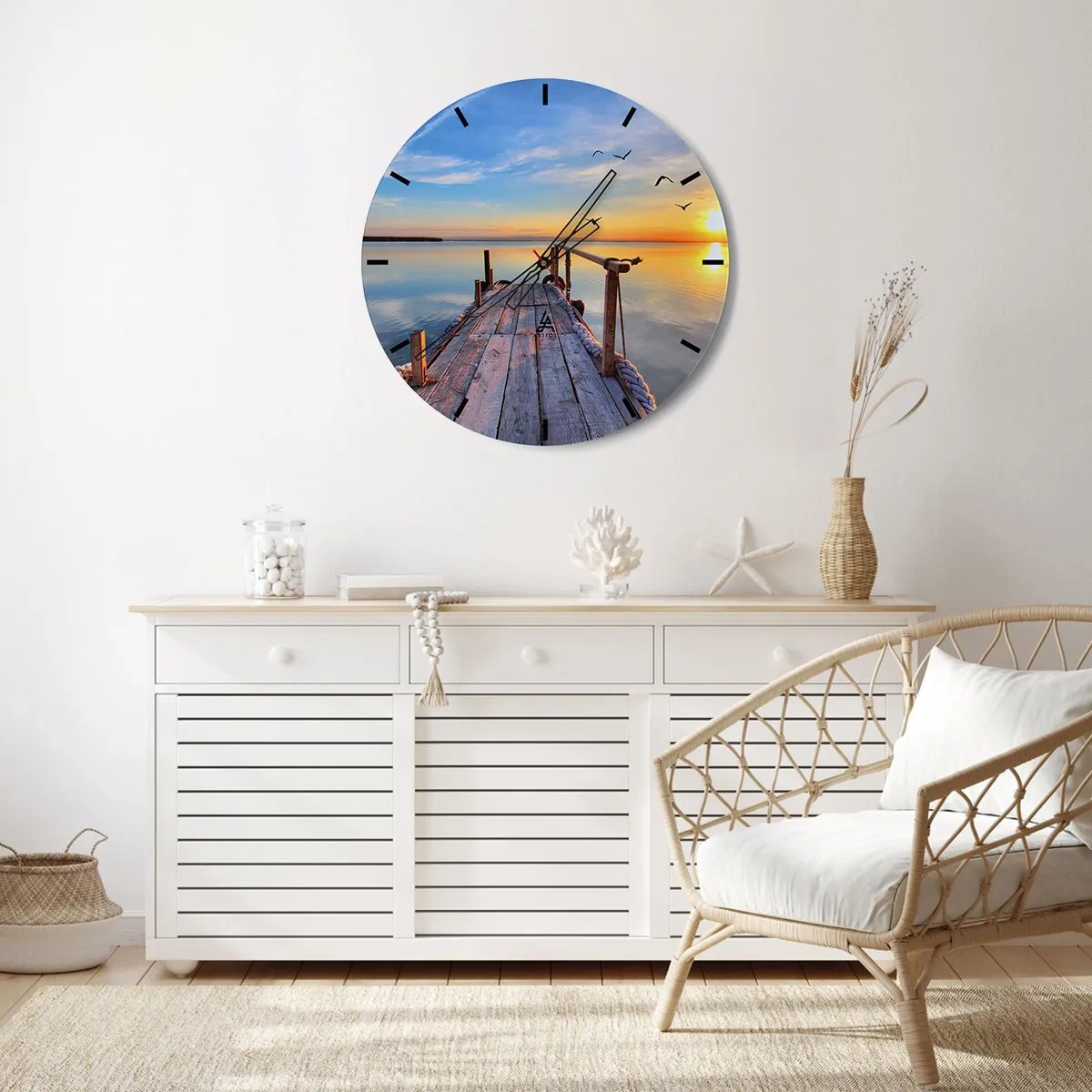 Wandklok - Klok - Een pier aan het meer bij zonsondergang met vogels op de achtergrond - 30x30cm - Loop recht naar de zon - Moderne wanddecoratie voor woonkamer, keuken en slaapkamer ARTTOR