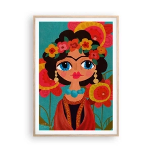 Een poster in een licht eiken lijst - Mevrouw papaver - 70x100 cm