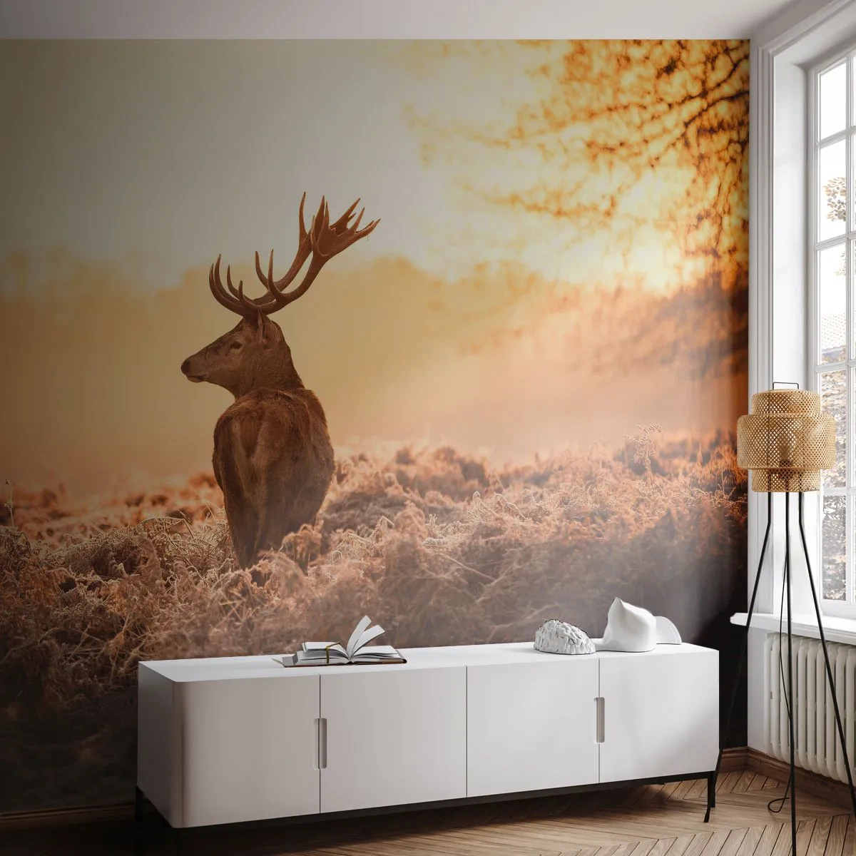Fotobehang Premium Sand - Heer van het landgoed - Landschap, Hert, Dieren - 100x70 cm