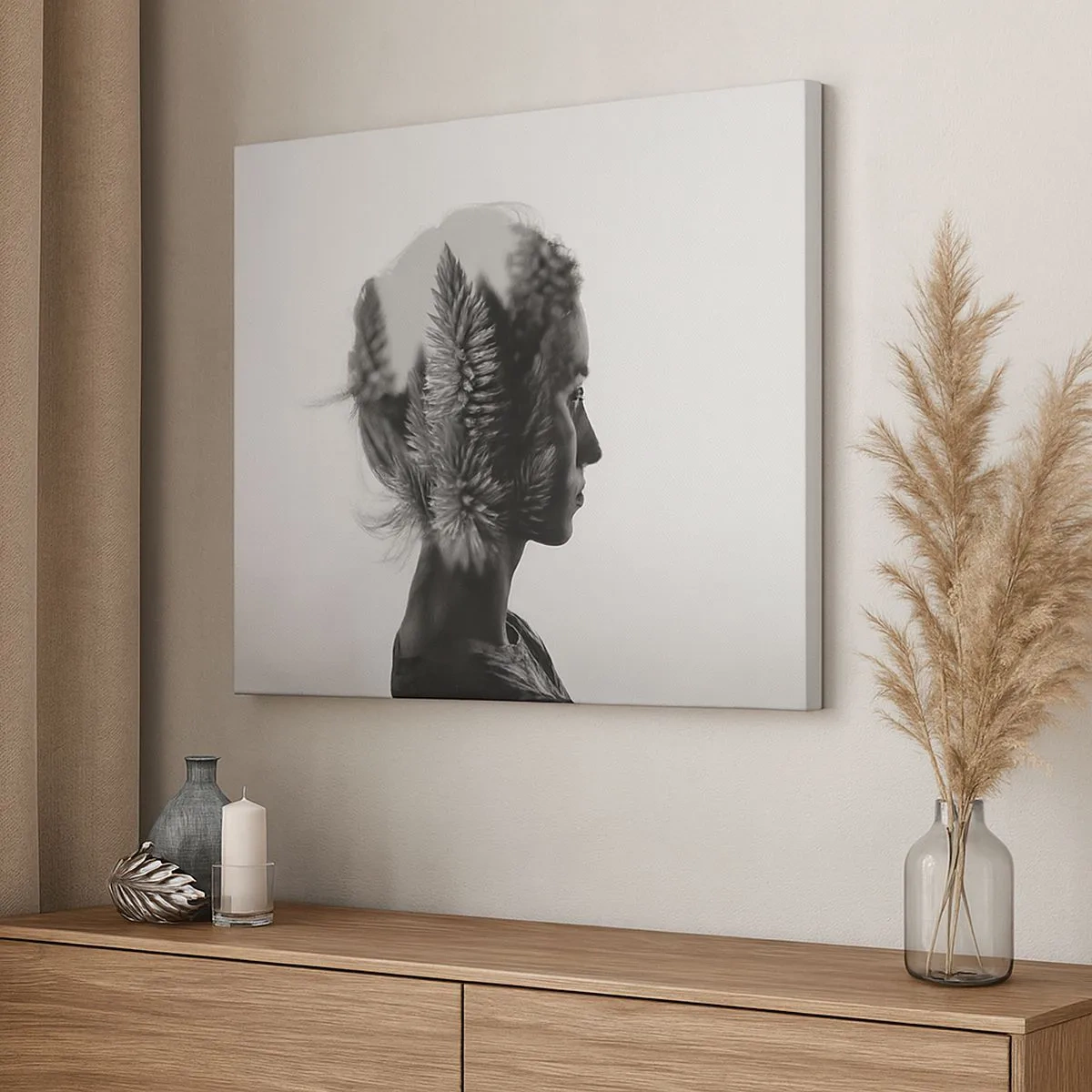 Schilderen op canvas - Een subtiel portret met elementen uit de natuur - 70x50cm - Vrouwe van het dennenbos - Moderne wanddecoratie voor woonkamer en slaapkamer ARTTOR