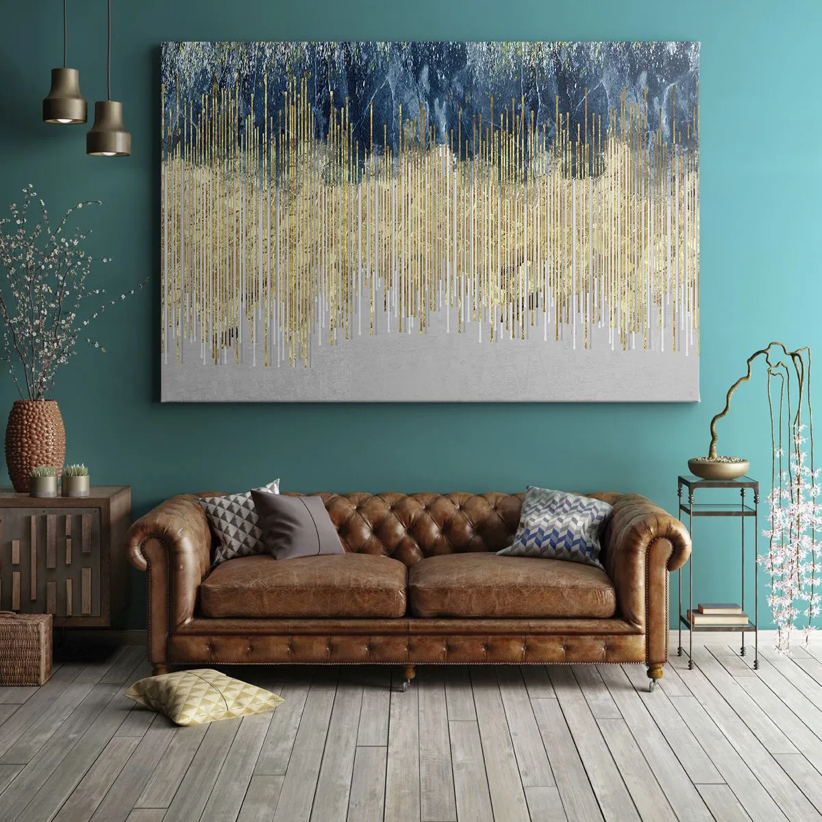 Schilderen op canvas - Gouden lijnen tegen een achtergrond van marineblauwe en grijze abstractie - 70x50cm - Vergulde grens - Moderne wanddecoratie voor woonkamer en slaapkamer ARTTOR