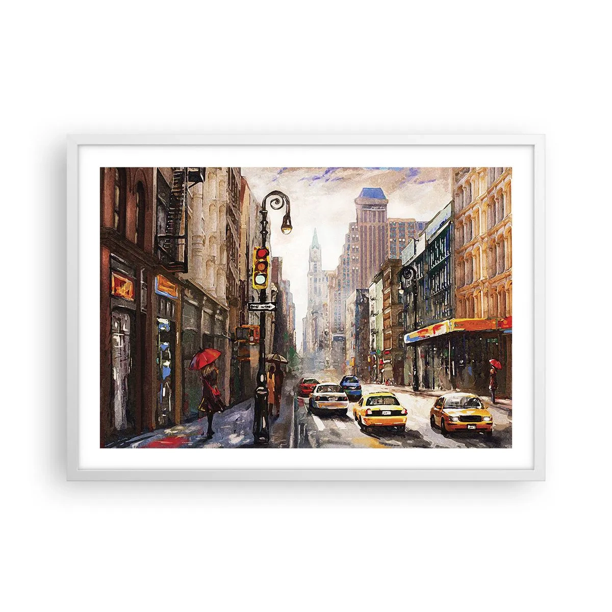 Poster in een witte lijst - New York - ook kleurrijk in de regen - 70x50 cm