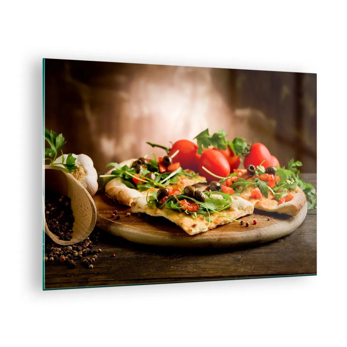 Schilderen op glas - Pizza op een houten plank met rucola en tomaten - 70x50cm - Recht uit de oven en uit de tuin - Moderne wanddecoratie voor woonkamer en slaapkamer ARTTOR