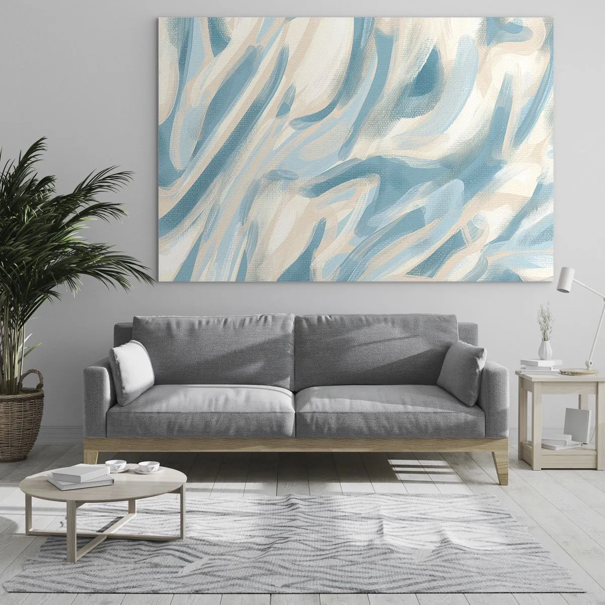 Schilderen op glas - Abstracte penseelstreken in de kleuren blauw en crème. - 70x50cm - Lente briesjes - Moderne wanddecoratie voor woonkamer en slaapkamer ARTTOR