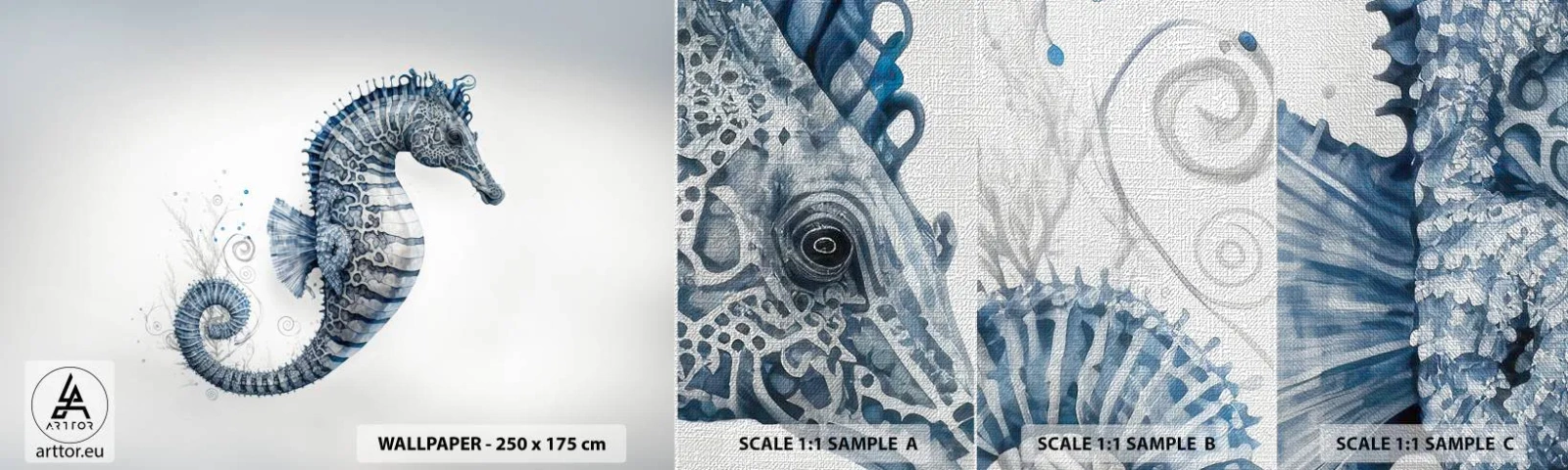 Fotobehang Monster Premium Canvas - Een subtiele grap van de natuur - zeepaardje, Kust, koraalrif - 100x30 cm