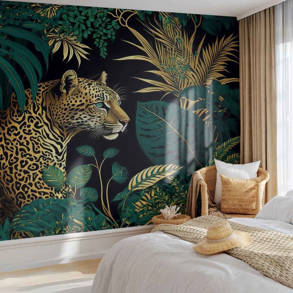 Fotobehang Premium Canvas - Een gastheer in de jungle - luipaard, Oerwoud, Tropisch - 500x350 cm