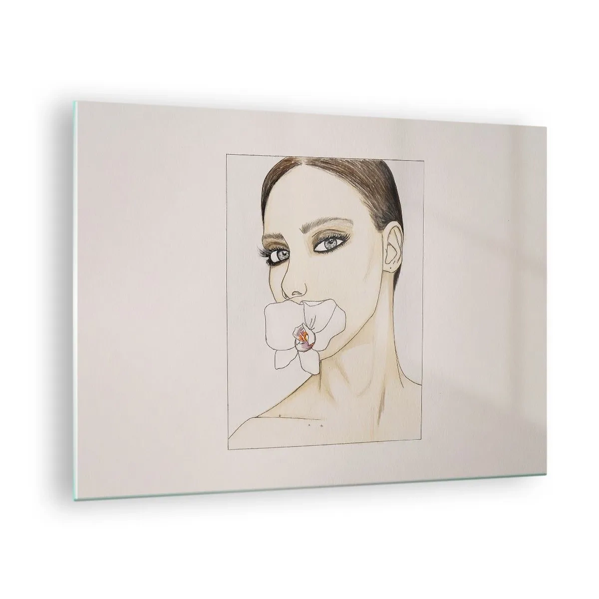 Schilderen op glas - Portret van een vrouw met een orchidee in haar mond tegen een lichte achtergrond - 70x50cm - Een symbool van elegantie en schoonheid - Moderne wanddecoratie voor woonkamer en slaapkamer ARTTOR