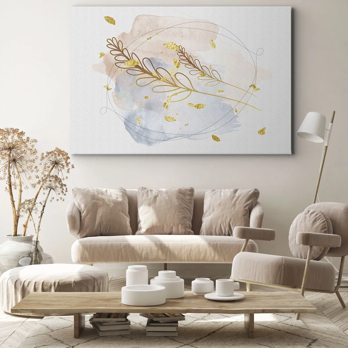 Schilderen op canvas - Een delicaat gouden bladmotief op een pastelkleurige achtergrond met aquareldetails. - 70x50cm - Gouden explosie - Moderne wanddecoratie voor woonkamer en slaapkamer ARTTOR
