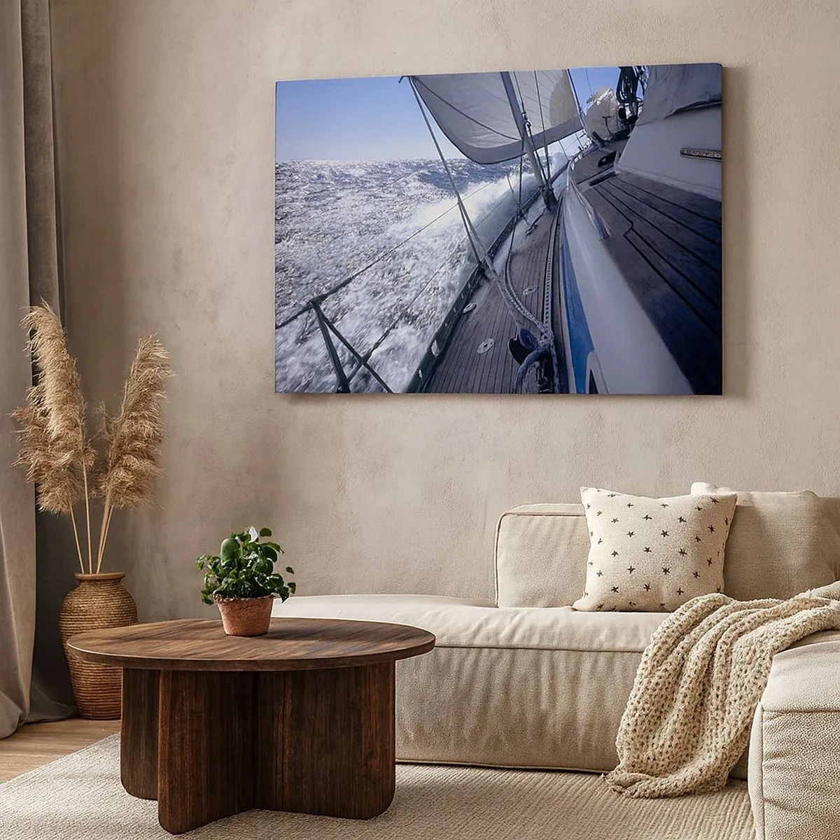 Schilderen op canvas - Een zeilboot op een stormachtige zee met witte zeilen en een houten dek. - 70x50cm - Ik weet wat het is om een