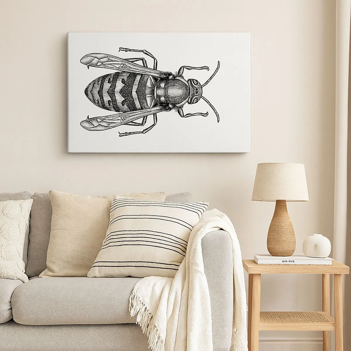 Schilderen op canvas - Een cartoon wespenmotief op een witte achtergrond in een minimalistische stijl. - 70x50cm - Van een insectenplaneet - Moderne wanddecoratie voor woonkamer en slaapkamer ARTTOR