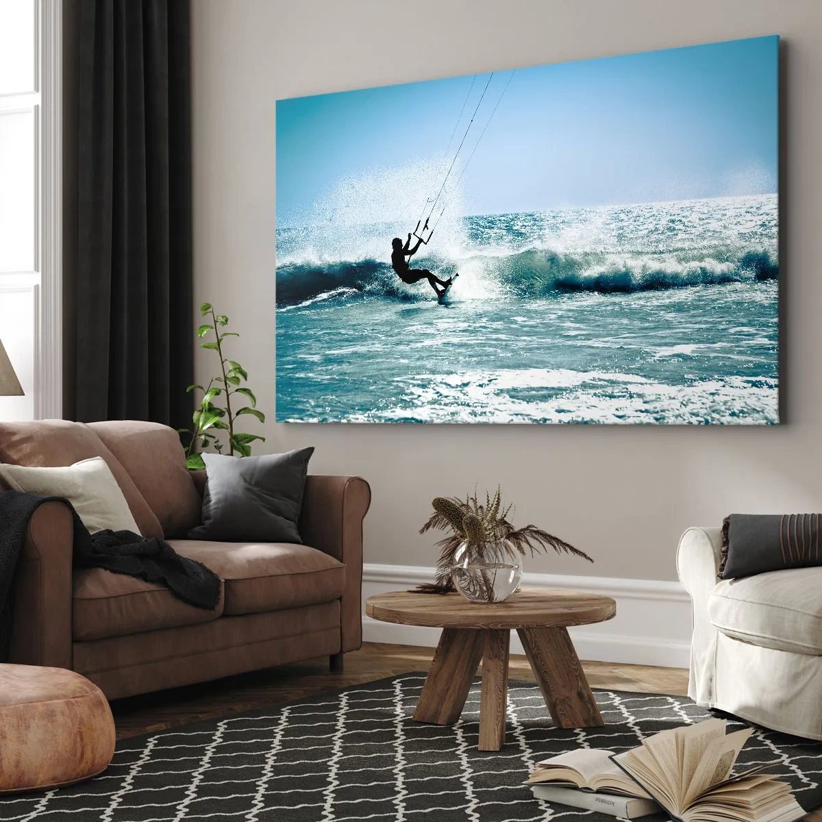Schilderen op canvas - Kitesurfer rijdt op een golf in de volle zon - 70x50cm - Laat je meeslepen - Moderne wanddecoratie voor woonkamer en slaapkamer ARTTOR
