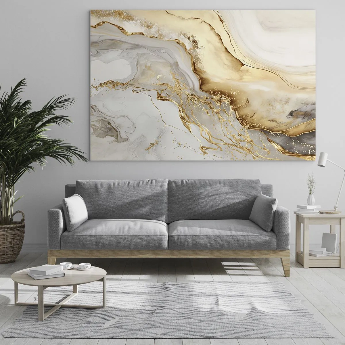 Schilderen op glas - Goud en beige abstracte strepen op een lichte achtergrond - 70x50cm - Abstractie: schoonheid en goedheid - Moderne wanddecoratie voor woonkamer en slaapkamer ARTTOR