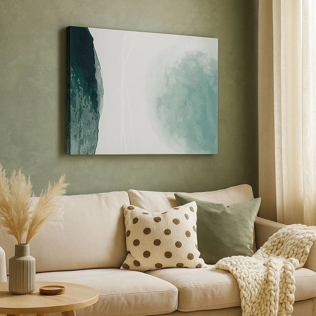 Schilderen op canvas - Een delicate abstracte compositie in groentinten met subtiele vormen op een lichte achtergrond. - 70x50cm - Ontmoeting met de mist - Moderne wanddecoratie voor woonkamer en slaapkamer ARTTOR