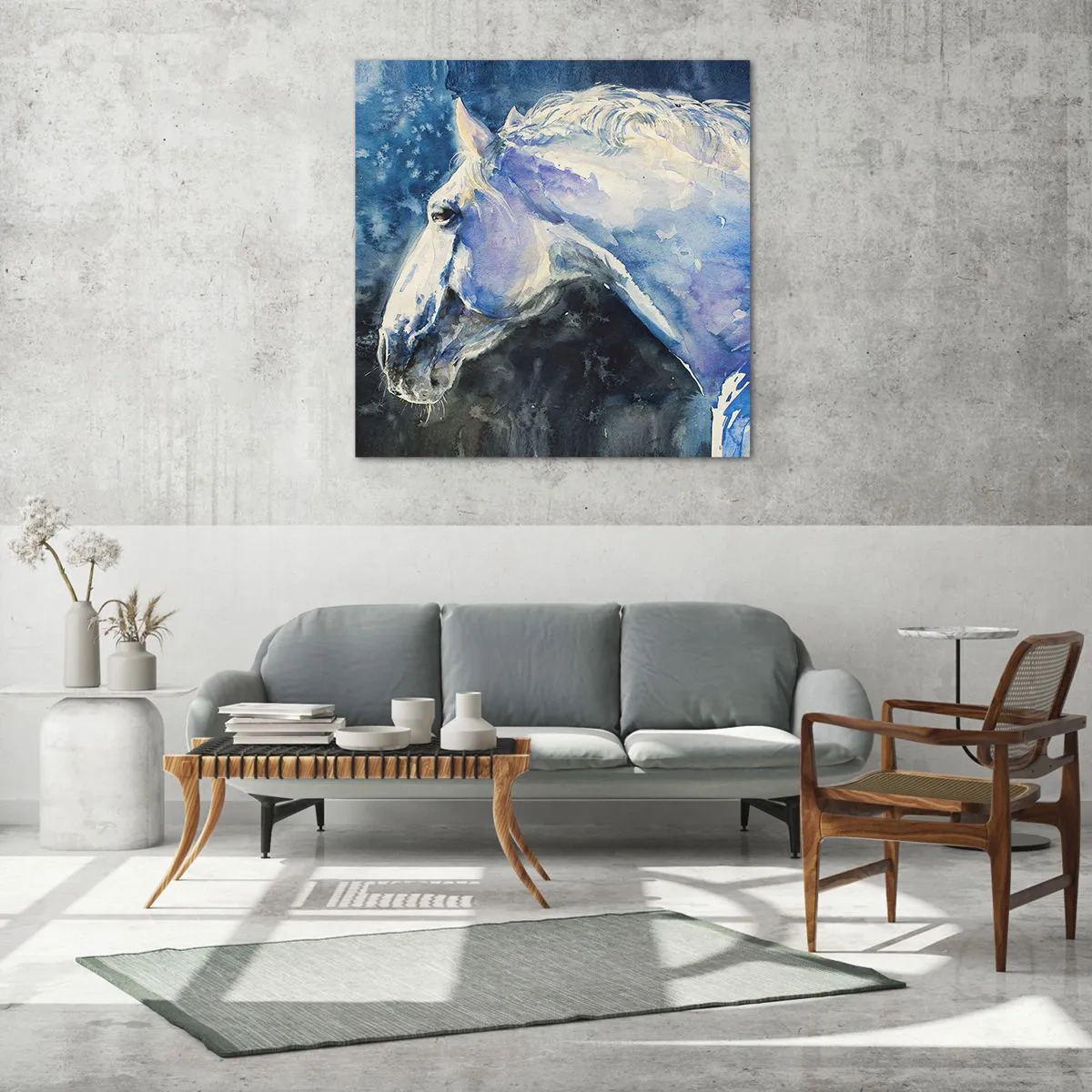 Schilderen op glas - Portret in een blauwe gloed - 60x60 cm