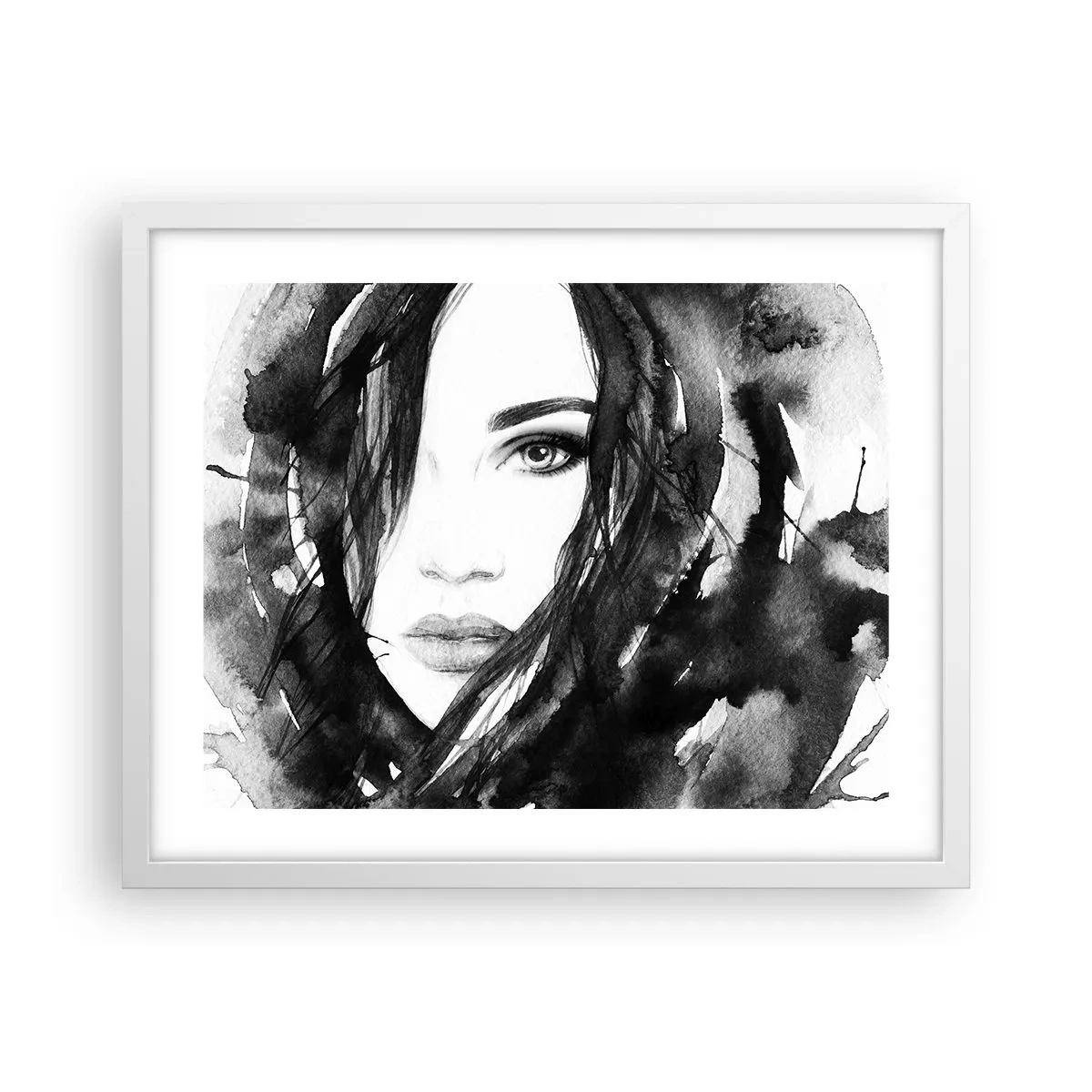 Poster in een witte lijst - Portret van een dame in zwart en wit - 50x40 cm