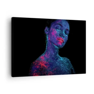 Schilderen op canvas - Portret van een vrouw in neonkleuren op een zwarte achtergrond - 70x50cm - in sterrenstof - Moderne wanddecoratie voor woonkamer en slaapkamer ARTTOR
