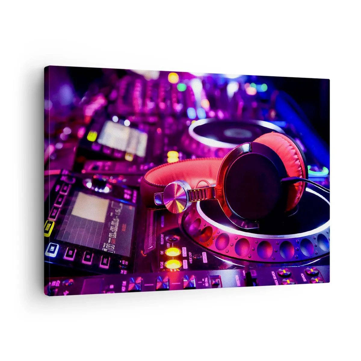 Schilderen op canvas - DJ-koptelefoon op een console met neonverlichting - 70x50cm - Voordat het plezier begint - Moderne wanddecoratie voor woonkamer en slaapkamer ARTTOR