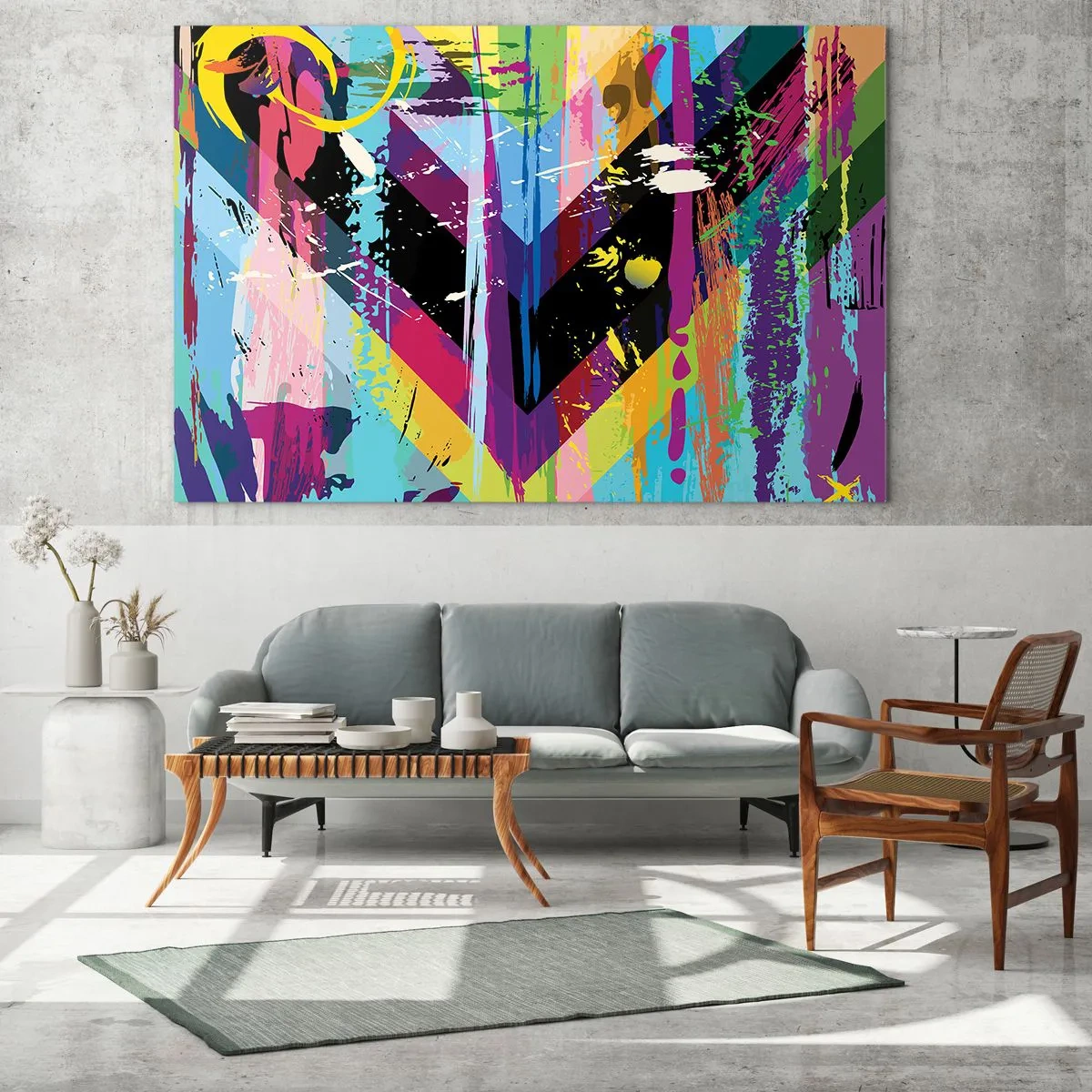Schilderen op glas - Kleurrijke abstractie met dynamische vormen en intense kleuren - 70x50cm - Van boven naar beneden - Moderne wanddecoratie voor woonkamer en slaapkamer ARTTOR