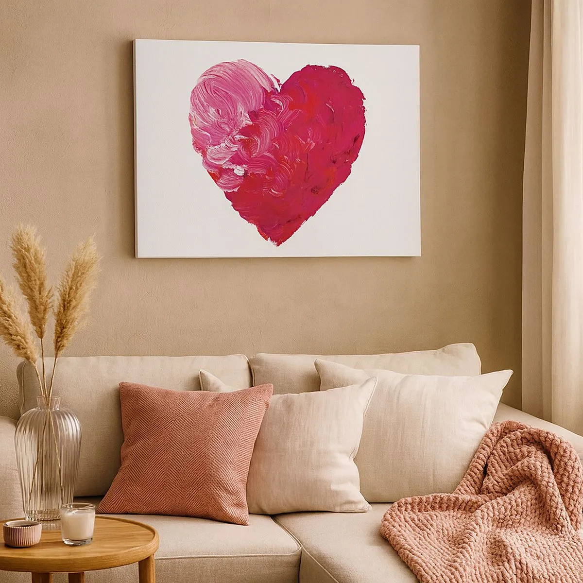 Schilderen op canvas - Een roze en rood hart geschilderd met een penseel - 70x50cm - Alles wat je nodig hebt is liefde - Moderne wanddecoratie voor woonkamer en slaapkamer ARTTOR