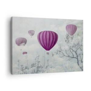 Schilderen op canvas - Paarse ballonnen zweven boven de bomen in de wolken - 70x50cm - Als schepen in de lucht - Moderne wanddecoratie voor woonkamer en slaapkamer ARTTOR