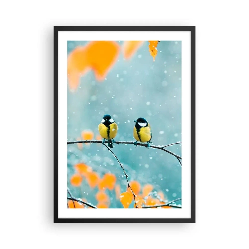 Poster in een zwarte lijst - Twee mezen zitten op een tak in een winterlandschap - 50x70cm - Vogelroddel - Moderne wanddecoratie voor woonkamer en slaapkamer ARTTOR