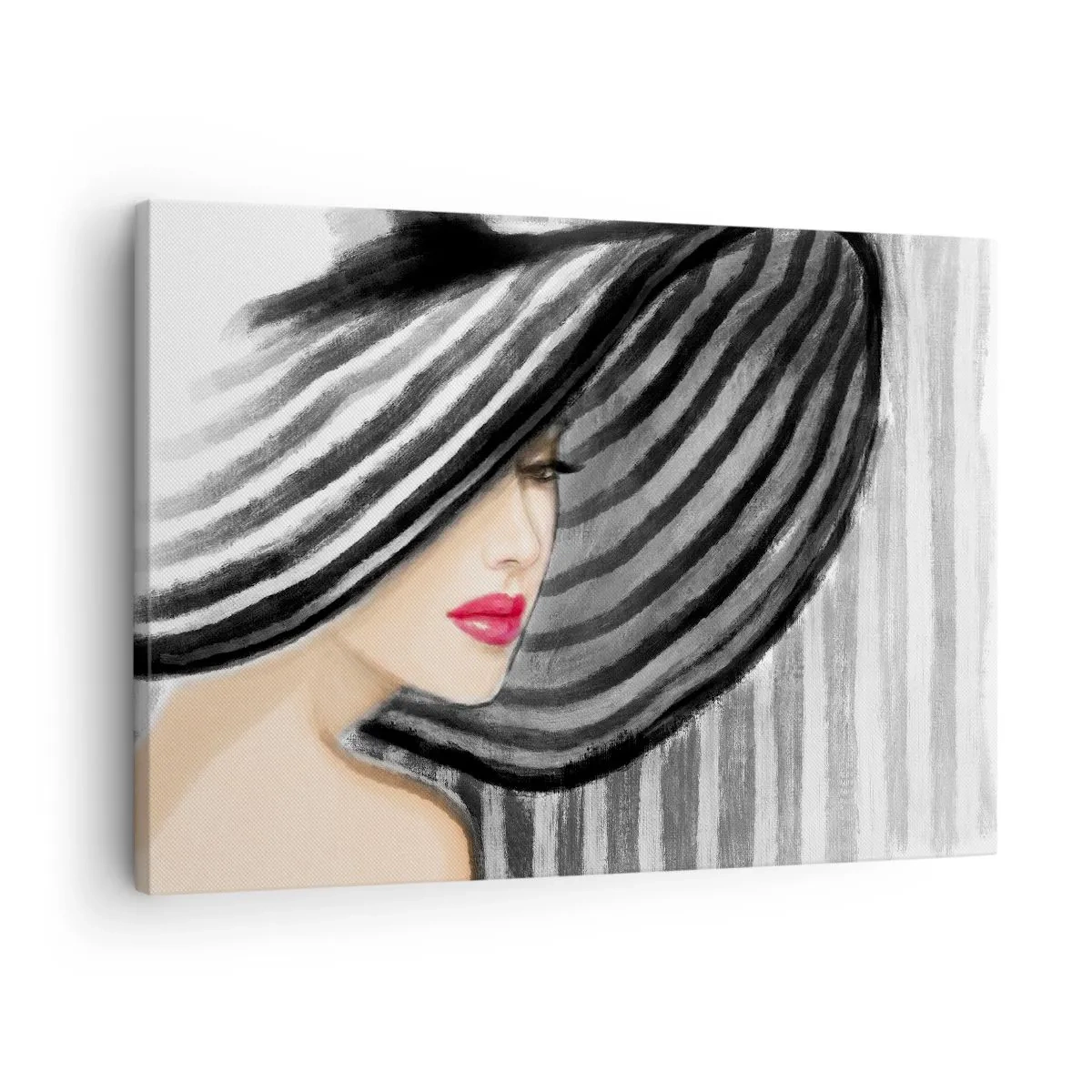 Schilderen op canvas - Vrouw met een zwart-witte hoed met een rood accent - 70x50cm - Waar moet je zoeken? - Moderne wanddecoratie voor woonkamer en slaapkamer ARTTOR