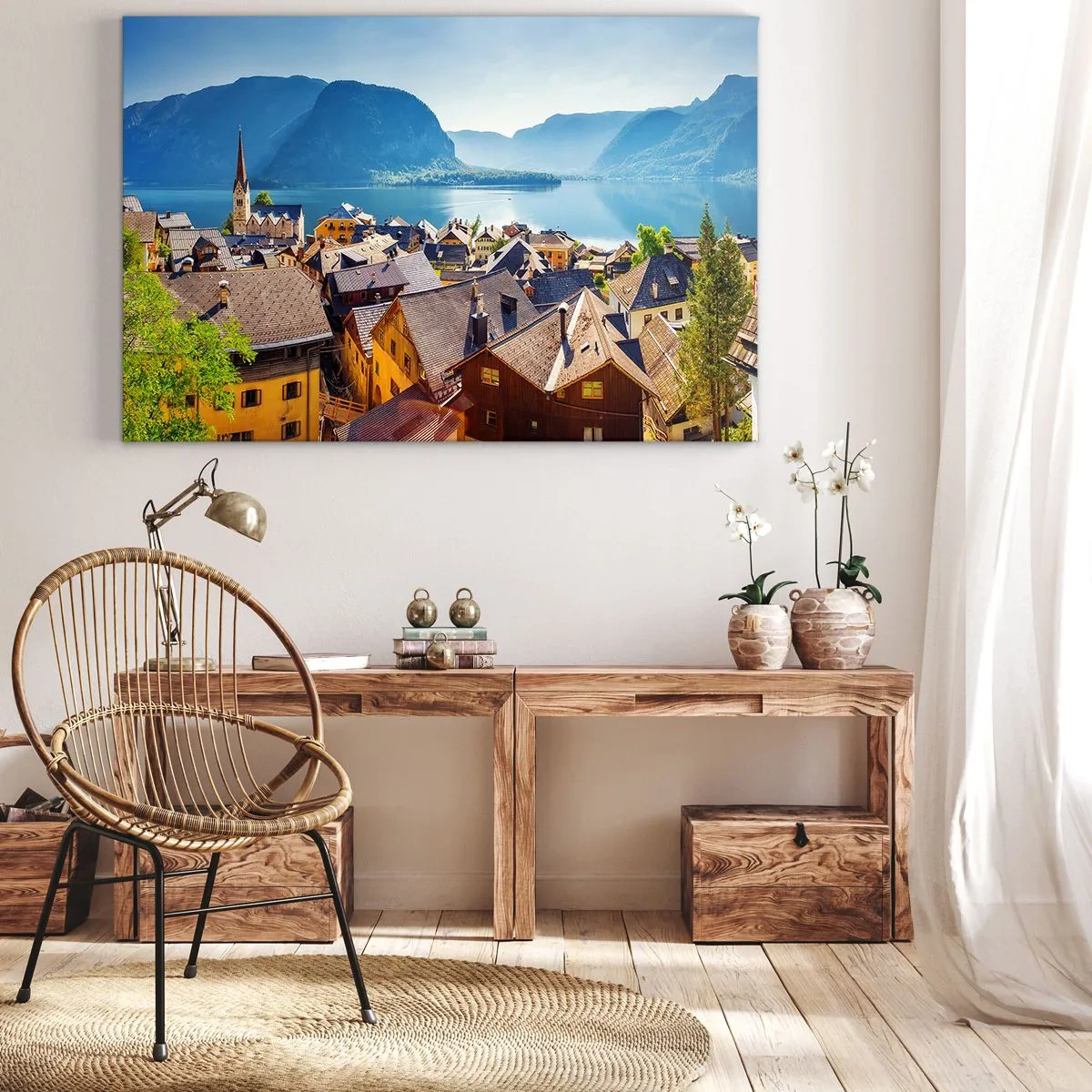 Schilderen op canvas - Een pittoresk dorpje aan een meer, omringd door bergen op een zonnige dag - 70x50cm - Het kan niet meer schilderachtiger zijn - Moderne wanddecoratie voor woonkamer en slaapkamer ARTTOR