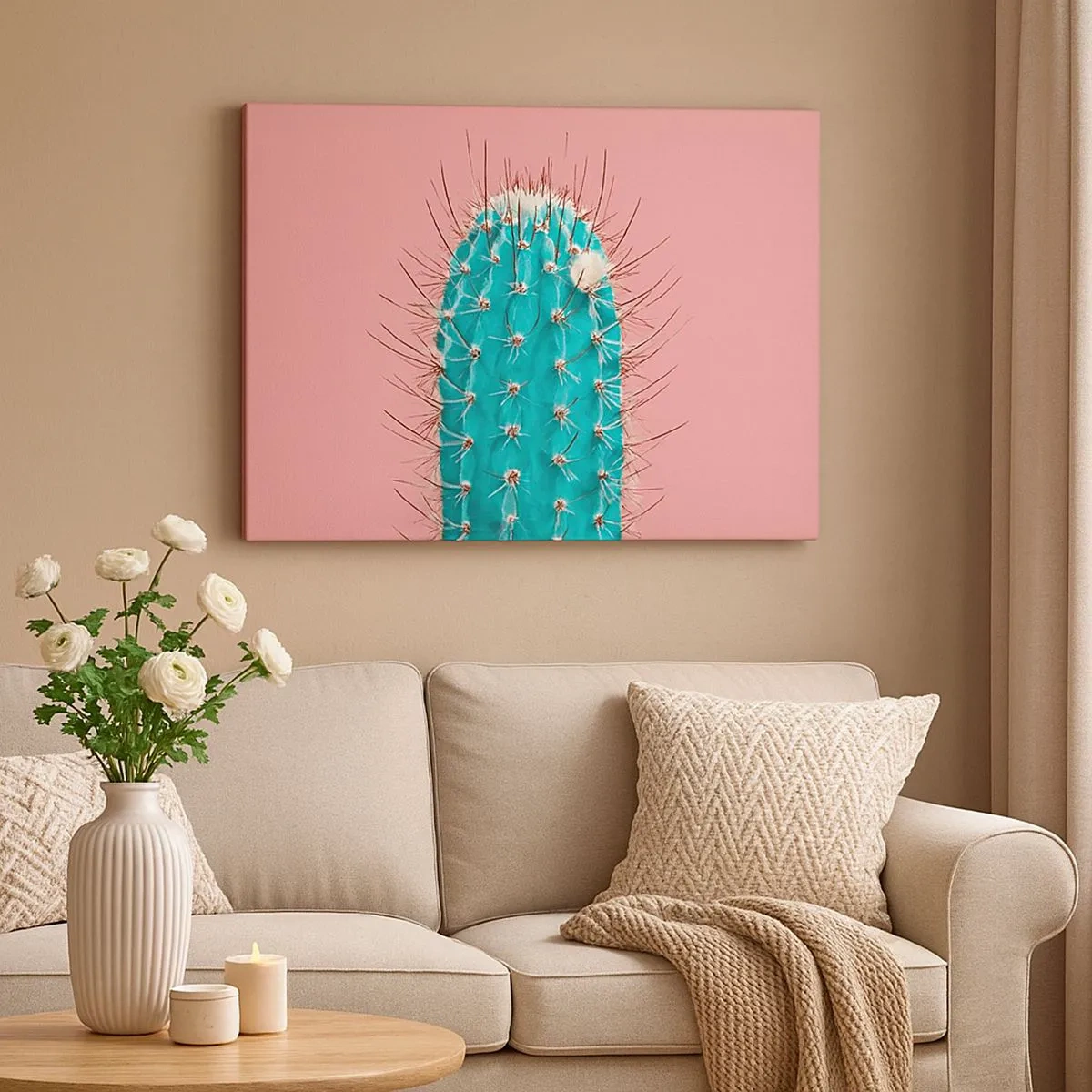 Schilderen op canvas - Een artistieke kijk op een cactus op een roze achtergrond - 70x50cm - Kijk gewoon - Moderne wanddecoratie voor woonkamer en slaapkamer ARTTOR
