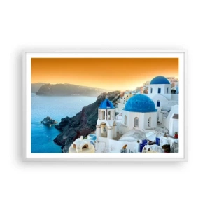 Poster in een witte lijst - Santorini - genesteld tegen de rotsen - 91x61 cm
