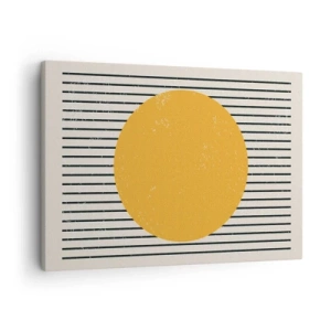 Schilderen op canvas - Een gele cirkel op een achtergrond van zwarte en witte horizontale lijnen - 70x50cm - De kracht van eenvoud - Moderne wanddecoratie voor woonkamer en slaapkamer ARTTOR