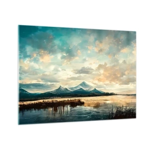 Schilderen op glas - Winterlandschap met bergen en een bevroren meer - 70x50cm - Onder bescherming van de hemel - Moderne wanddecoratie voor woonkamer en slaapkamer ARTTOR