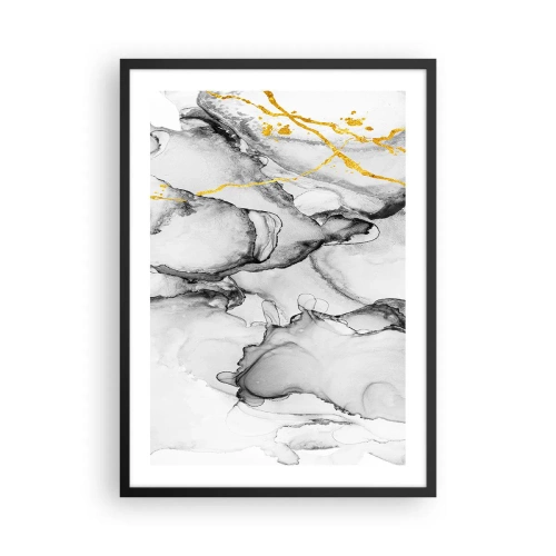 Poster in een zwarte lijst - Een abstracte compositie in grijstinten met gouden accenten. - 50x70cm - Compositie met een gouden motief - Moderne wanddecoratie voor woonkamer en slaapkamer ARTTOR