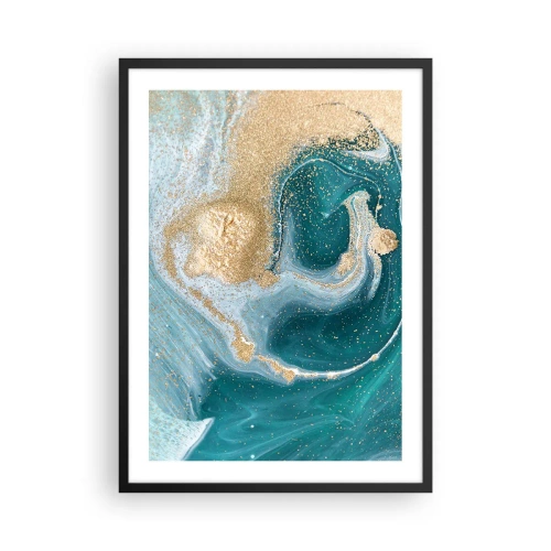 Poster in een zwarte lijst - Abstract goud- en turquoisemotief in vloeiende vormen - 50x70cm - Een werveling van goud en turkoois - Moderne wanddecoratie voor woonkamer en slaapkamer ARTTOR