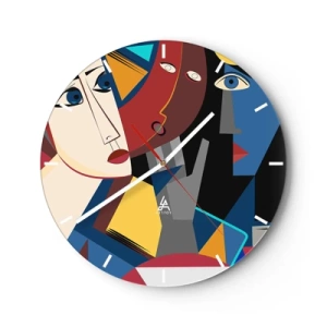 Wandklok - Klok - Kubistische gezichten in levendige kleuren in een geometrische compositie - 30x30cm - Een gesprek tussen kubisten - Moderne wanddecoratie voor woonkamer, keuken en slaapkamer ARTTOR