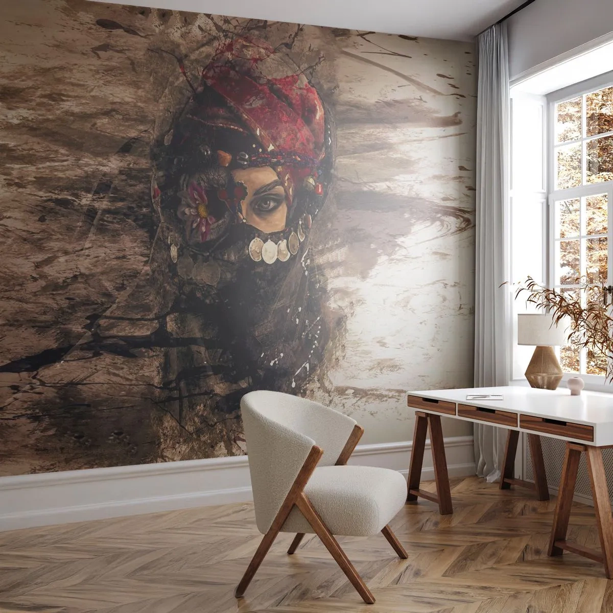 Fotobehang Standard Eco - Op zijn zachtst gezegd verontrustend - Abstractie, Het gezicht van de vrouw, Oosterse symbolen - 500x350 cm