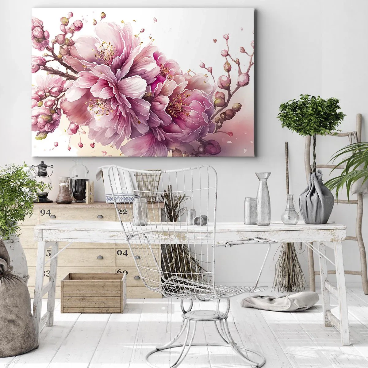 Schilderen op canvas - Tedere kersenbloesems in volle bloei tegen een lichte achtergrond - 70x50cm - Kersenbloesem  - Moderne wanddecoratie voor woonkamer en slaapkamer ARTTOR