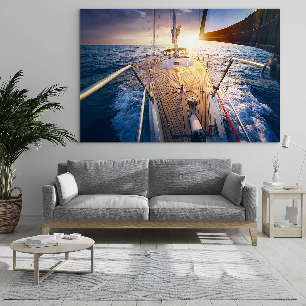 Schilderen op glas - Het dek van een zeilboot tegen de achtergrond van de ondergaande zon en de zeegolven - 70x50cm - Lopend op de golven - Moderne wanddecoratie voor woonkamer en slaapkamer ARTTOR