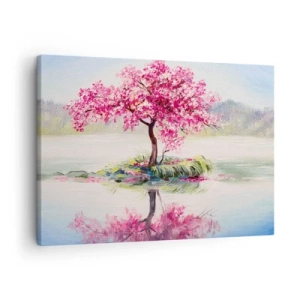 Schilderen op canvas - Een bloeiende boom op stilstaand water - 70x50cm - Lentefeest - Moderne wanddecoratie voor woonkamer en slaapkamer ARTTOR