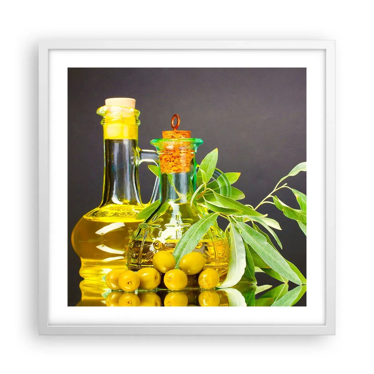 Poster in een witte lijst - Stilleven met olijven en olijfolie - 50x50 cm