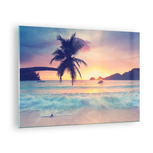 Schilderen op glas - Palmbomenstrand bij zonsondergang met een boot aan de horizon - 70x50cm - Een avond aan de baai - Moderne wanddecoratie voor woonkamer en slaapkamer ARTTOR