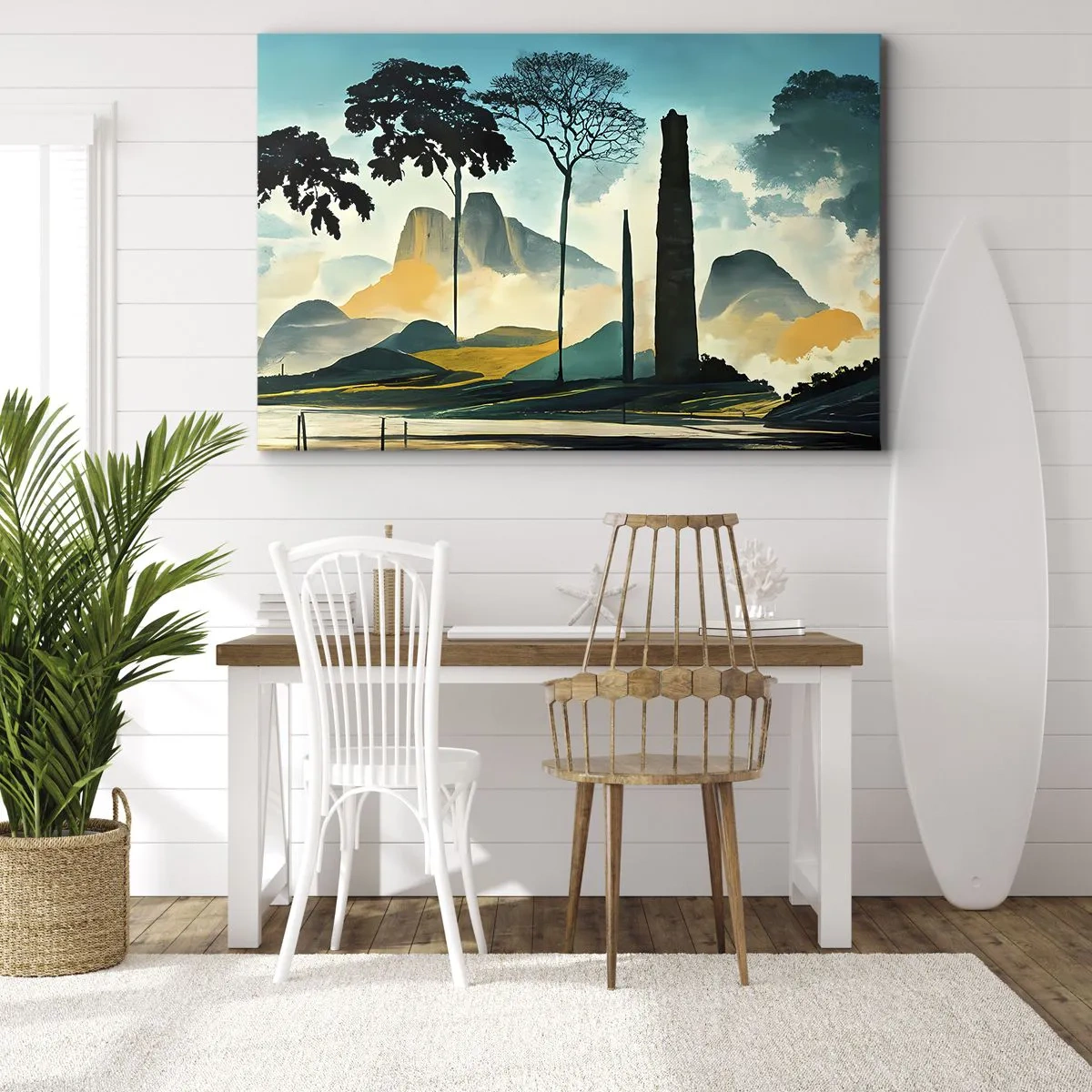Schilderen op canvas - Een schilderachtig landschap met bomen en bergen op de achtergrond - 70x50cm - Nog hoger en hoger - Moderne wanddecoratie voor woonkamer en slaapkamer ARTTOR