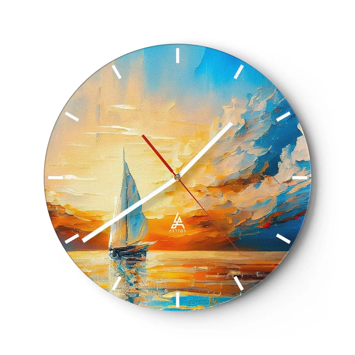 Wandklok - Klok - Een zeilboot tegen de achtergrond van een gouden zonsondergang over het water - 30x30cm - Zeilen in goud - Moderne wanddecoratie voor woonkamer, keuken en slaapkamer ARTTOR