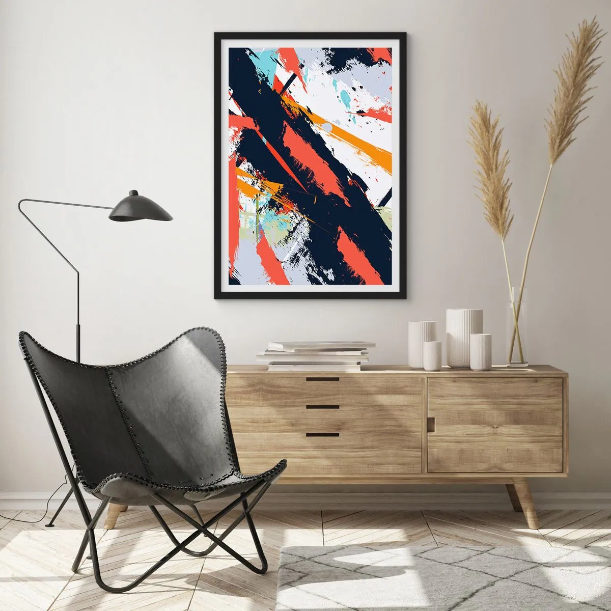Poster in een zwarte lijst - Abstracte compositie met dynamische penseelstreken. - 50x70cm - Dynamische compositie - Moderne wanddecoratie voor woonkamer en slaapkamer ARTTOR