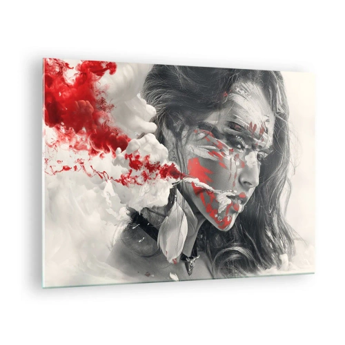 Schilderen op glas - Portret van een vrouw met abstracte rode en witte patronen - 70x50cm - In de dampen van absurditeit - Moderne wanddecoratie voor woonkamer en slaapkamer ARTTOR