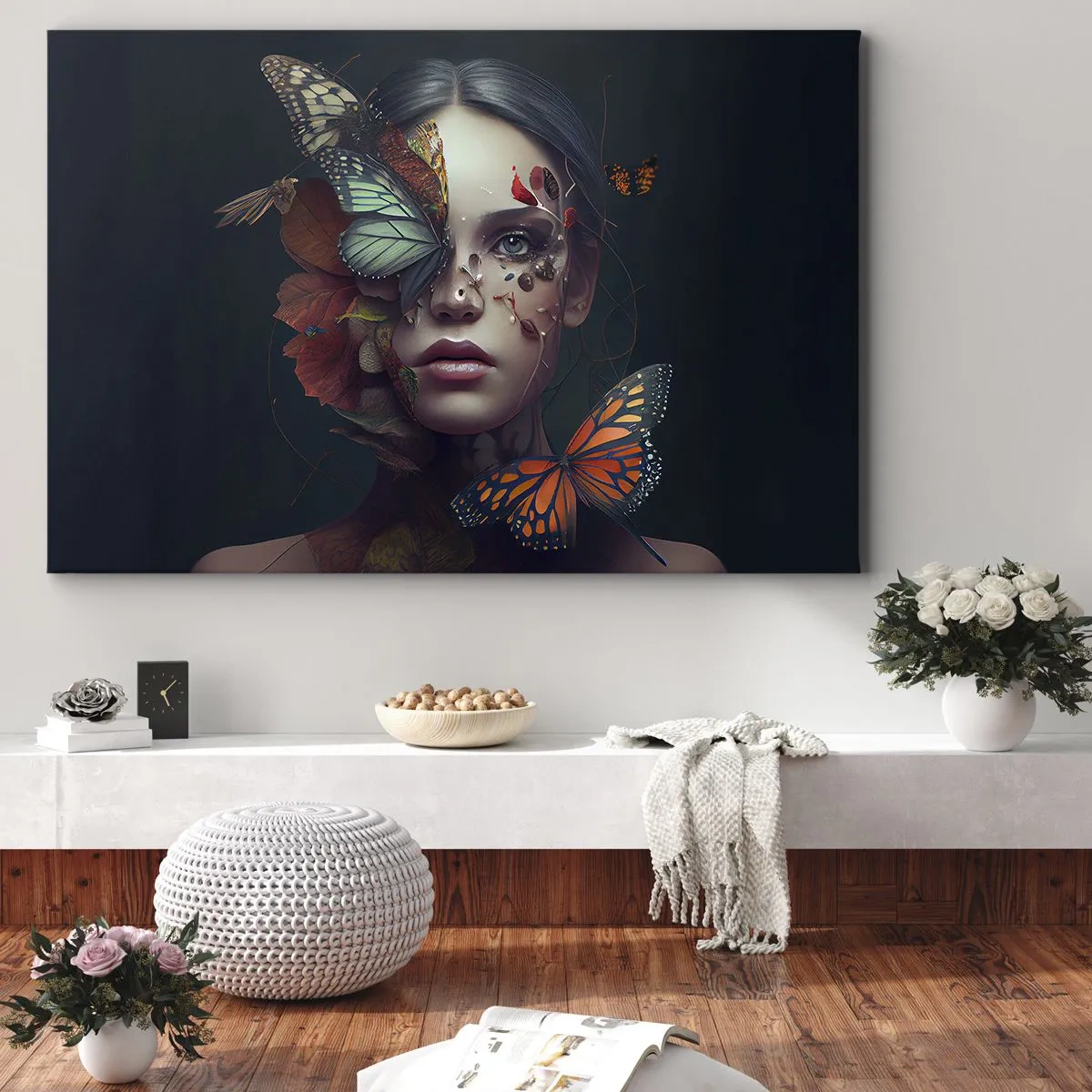 Schilderen op canvas - Portret van een vrouw met vlinders en plantenelementen - 70x50cm - Een prachtige metamorfose - Moderne wanddecoratie voor woonkamer en slaapkamer ARTTOR