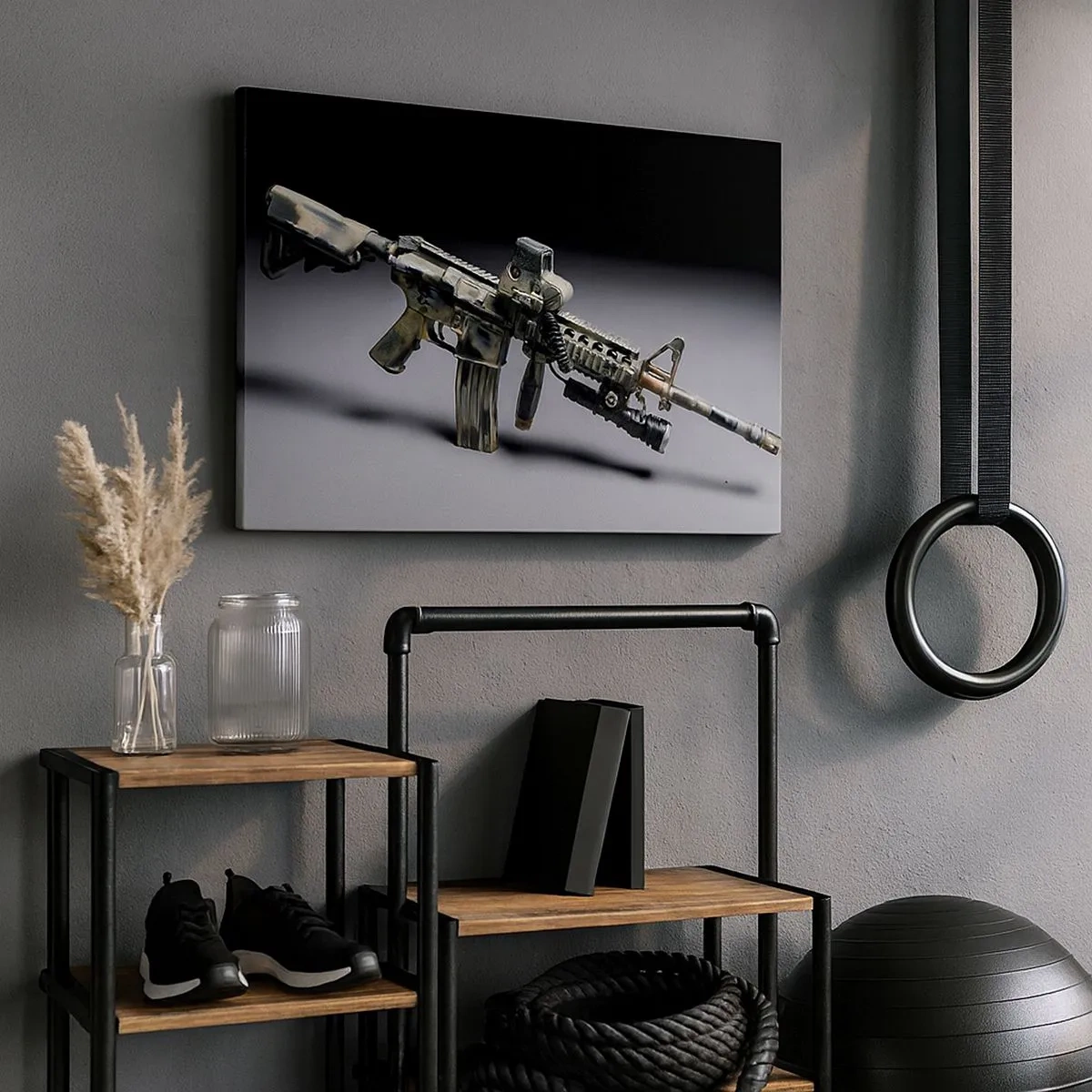 Schilderen op canvas - Modern wapen in camouflagekleur op een donkere achtergrond - 70x50cm - Altijd dreigend - Moderne wanddecoratie voor woonkamer en slaapkamer ARTTOR