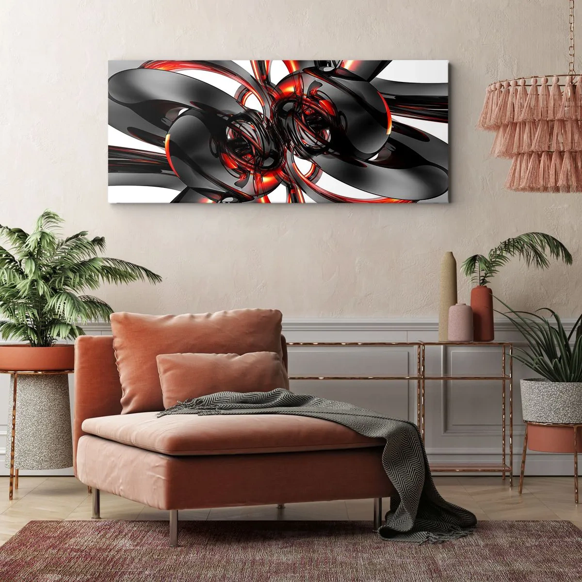 Schilderen op canvas - Beweging in grafiet en rood - 140x50 cm