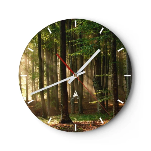 Wandklok - Klok - Zonnestralen schijnen door de bomen in het bos - 30x30cm - Stralend op een lentemorgen - Moderne wanddecoratie voor woonkamer, keuken en slaapkamer ARTTOR