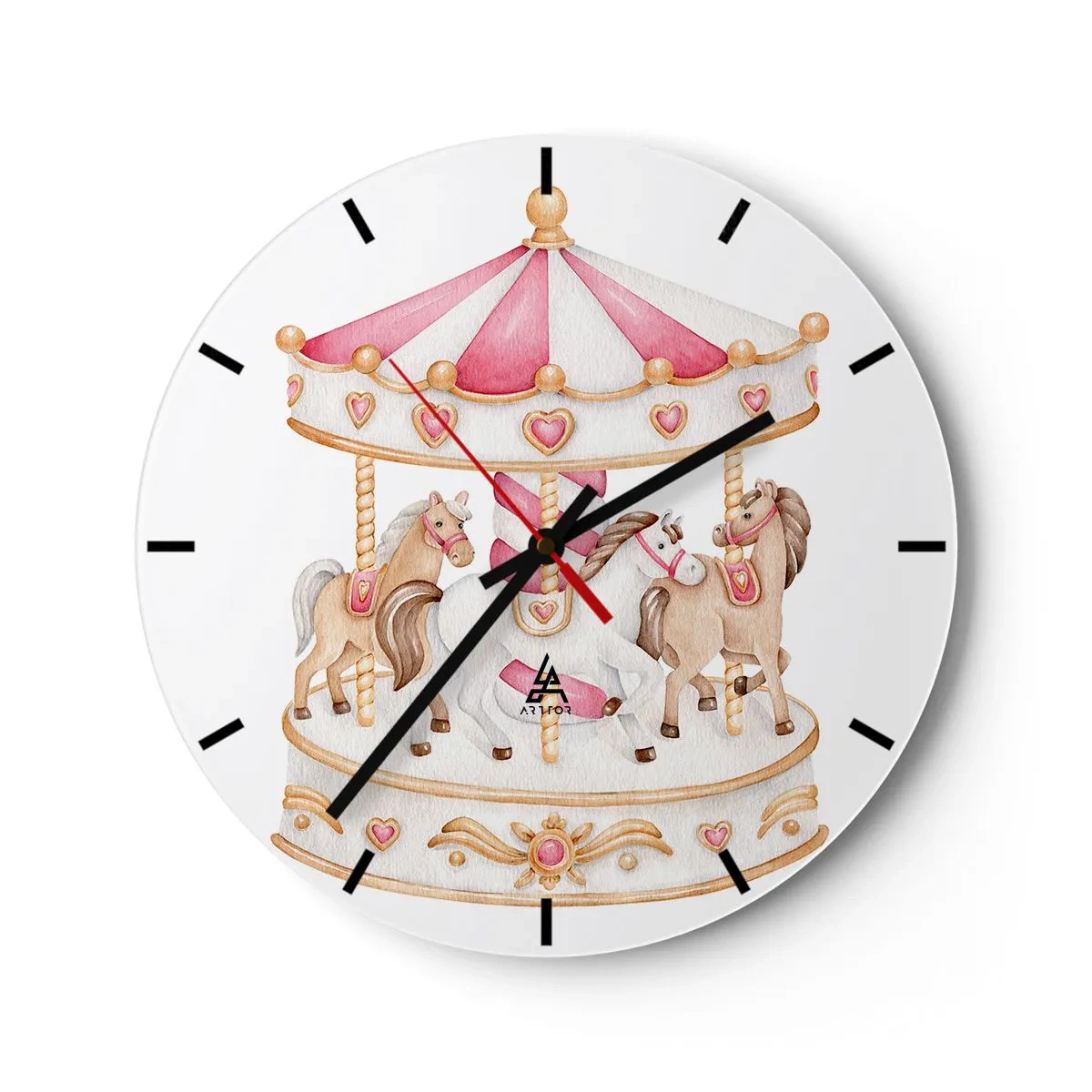Wandklok - Klok - Roze en crèmekleurige draaimolen met paarden op een witte achtergrond - 30x30cm - De zoete kinderwereld - Moderne wanddecoratie voor woonkamer, keuken en slaapkamer ARTTOR