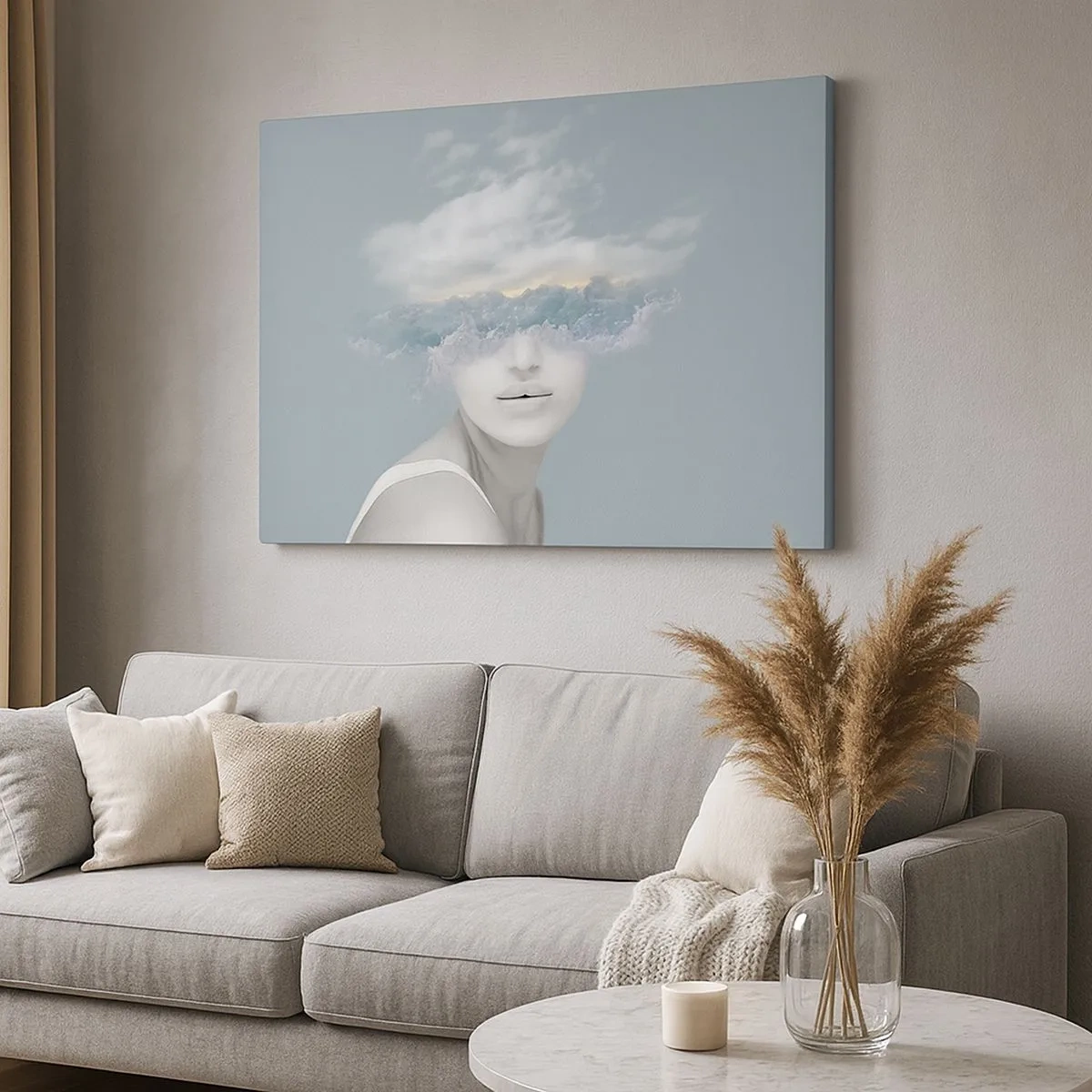 Schilderen op canvas - Portret van een vrouw met haar gezicht verborgen achter wolken en golven - 70x50cm - Met hoofd in de wolken - Moderne wanddecoratie voor woonkamer en slaapkamer ARTTOR